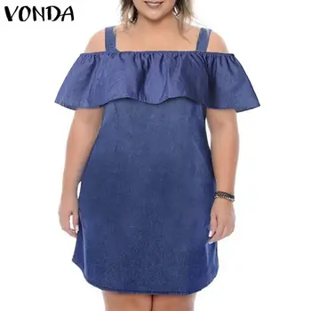 

Summer Denim Dress 2020 VONDA Women Sexy Off Shoulder Party Ruffle Mini Dress Casual Short Sundress Plus Size Vestido Female 5XL