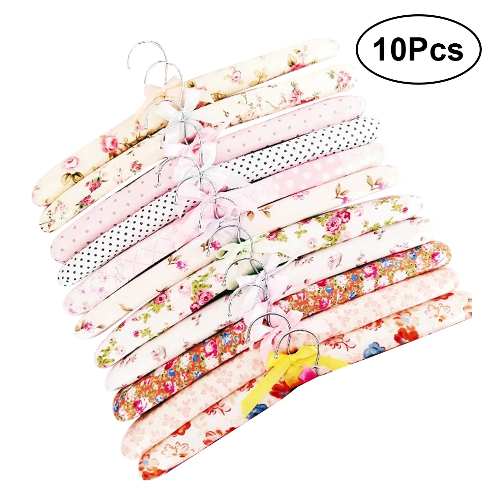 

10pcs Flower Cloth Non-slip Wood Hangers Pastoral Cloth Hanger Non-Slip Clothes Hangers Drying Rack for Clothes Mixed Color
