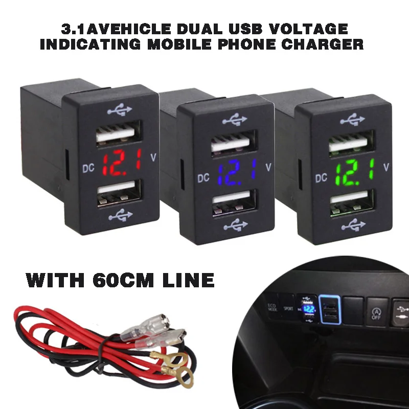 

3.1A Car Charger Socket Dual USB Port Charging Power Adapter Outlet for iphone XS XR LED Display Meter Voltmeter Blue Green Red