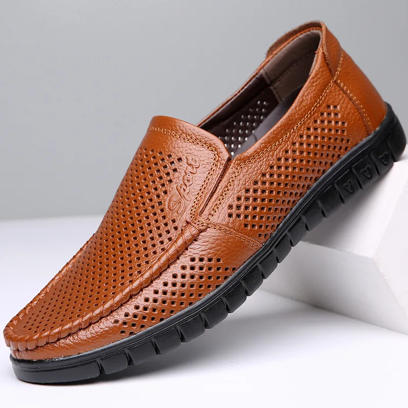 AlexBu 2019 New Men Genuine Leather Casual Shoes Man Loafers Comfortable Slip On Leather Shoe Mesh Breathable Brand DropShipping