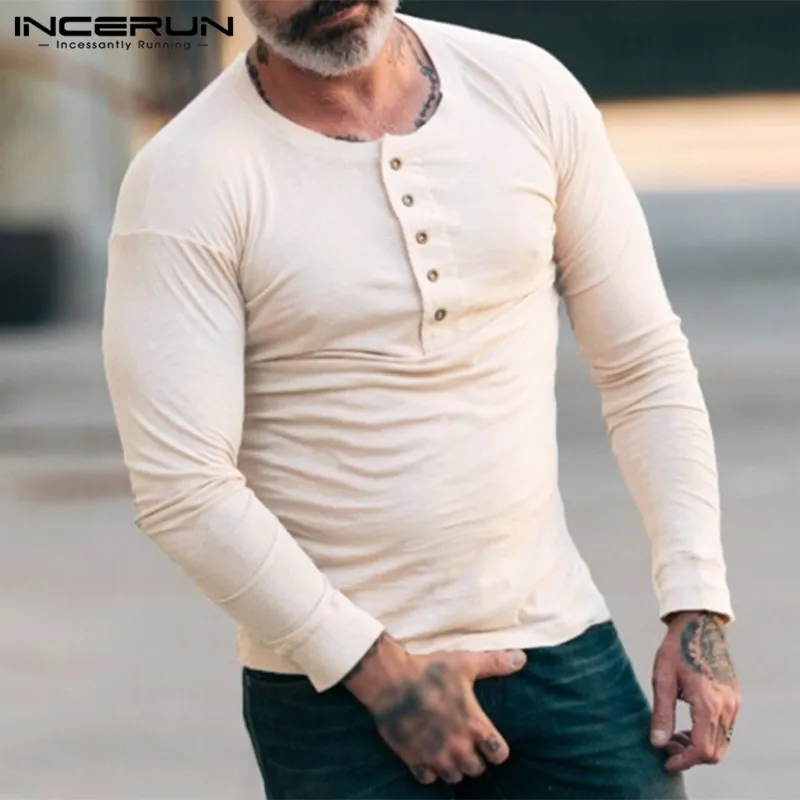 

2019 INCERUN Men Shirts Dress Long Sleeve Henley Collar Plain Solid Crew-Neck Autumn Muscle Tee Tops T shirts Fashion Camisas