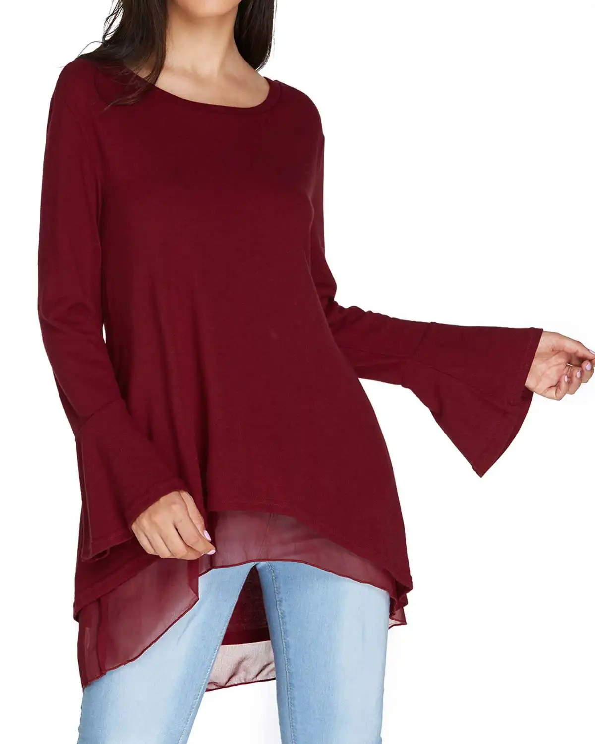 

2019 Autumn Women Chiffon Blouse Shirts ZANZEA Casual Loose Long Ruffles Sleeve Button Back Split Tops Solid Round Neck Shirts