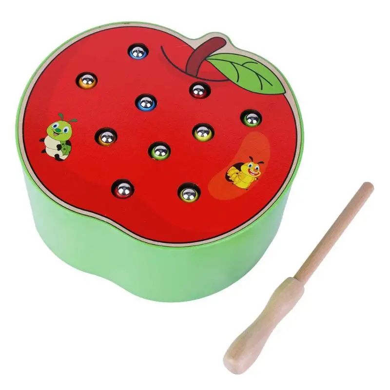 Забавная магнитная палочка для раннего обучения, игра в ловлю червя, деревянные детские блоки, игрушки, цветные когнитивные магнитные яблоко, детские подарки
