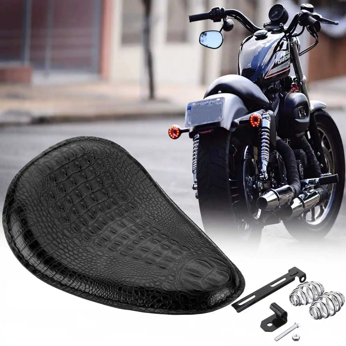 

3" Spring Bracket Solo Seat Black Alligator Leather+Steel For Harley Chopper Bobber Attractive Look Motorcycles Seats & Benches