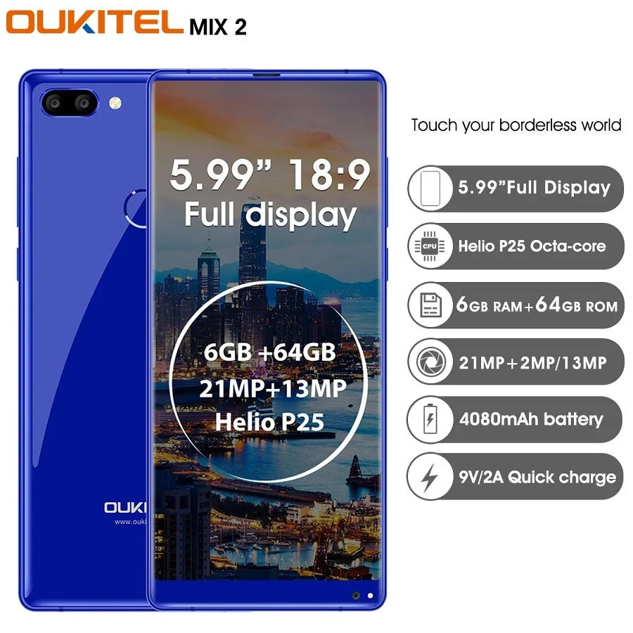 Oukitel MIX 2 5,9" 18:9 экран 4G смартфон Восьмиядерный 6 ГБ+ 64 ГБ 21 Мп+ 13 МП камера 9 В/2 а быстрое зарядное устройство 4080 мАч мобильный телефон