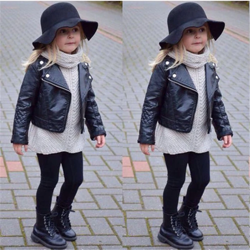 

New Kids Girl Motorcycle PU Leather Jacket Biker Overcoat Toddler Coat Hot New Cool Baby Girl Short Leather Clothing Coat