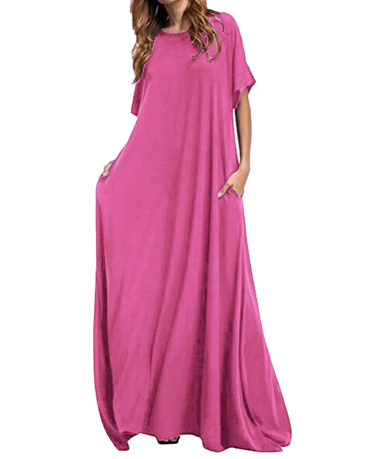 Женское однотонное длинное платье макси с коротким рукавом и круглым вырезом ZANZEA повседневное Свободное длинное элегантное платье бодикон платья плюс размер