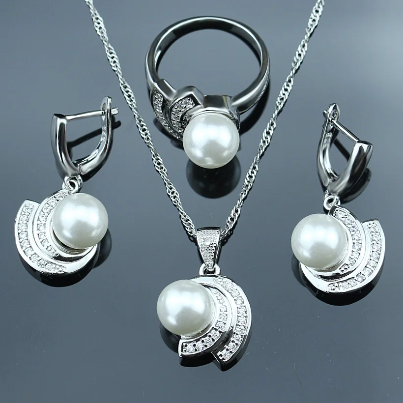 

925 Sterling Silver Brides Jewelry White Pearl Jewelry Set For Women Wedding Gift Necklace Earrings Ring With Pendants T150