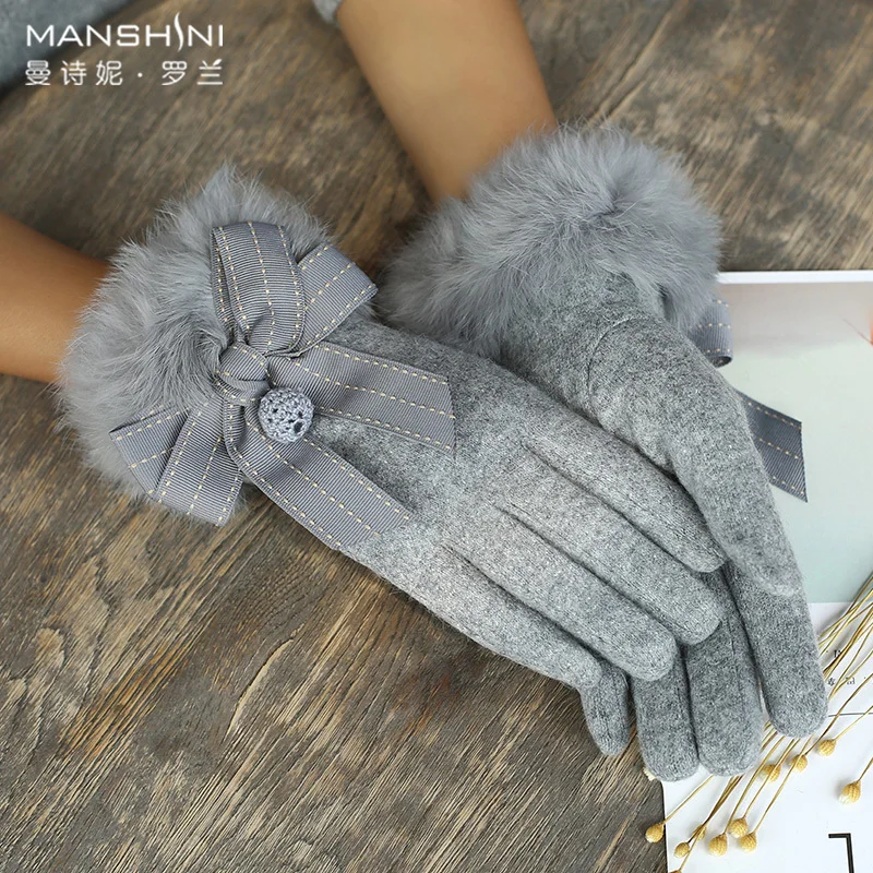 Wool Cashmere telefingers gloves woman winter Rabbit's Hair Lovely Student Thin plus velvet Thickness Touch Screen Gloves 0819