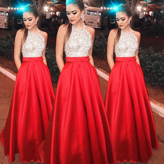 Faldas largas de alta sin mangas para mujer, vestido de fiesta Formal noche con lentejuelas rojas, Sexy, Patchwork, caliente - AliExpress