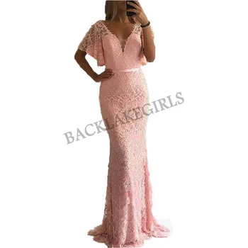 

New Beautiful Pink Prom Dresses 2019 vestidos de gala Deep V-neck Beading Lace Evening Party Dress Mermaid