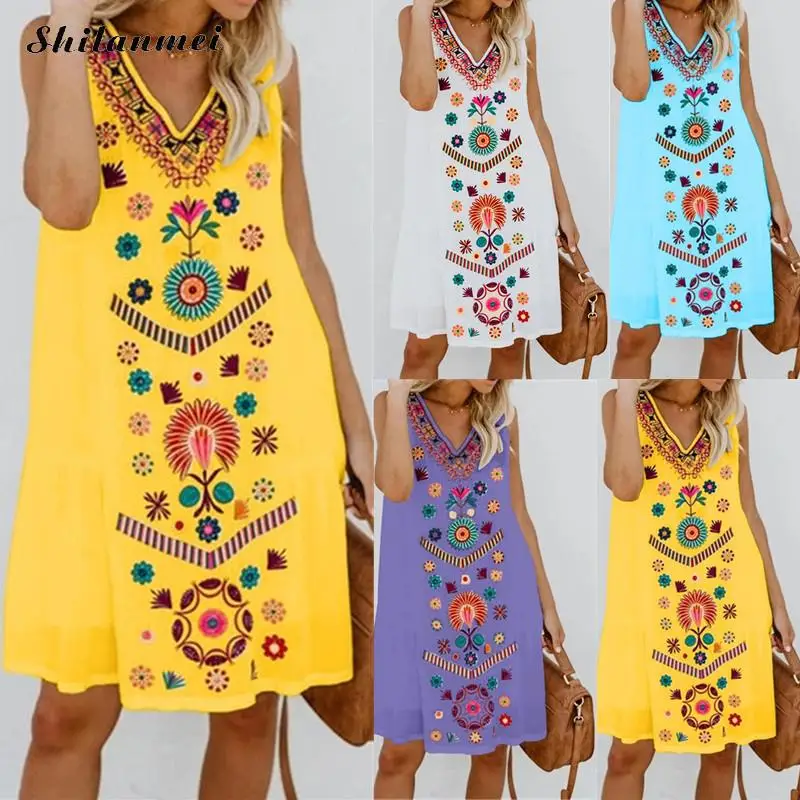 

Women Boho Summer Dress Floral Prints Sleeveless Cotton Linen Dress 5XL 4XL Sexy V Neck Beach Mini Dresses 2019 NEW Dropshipping