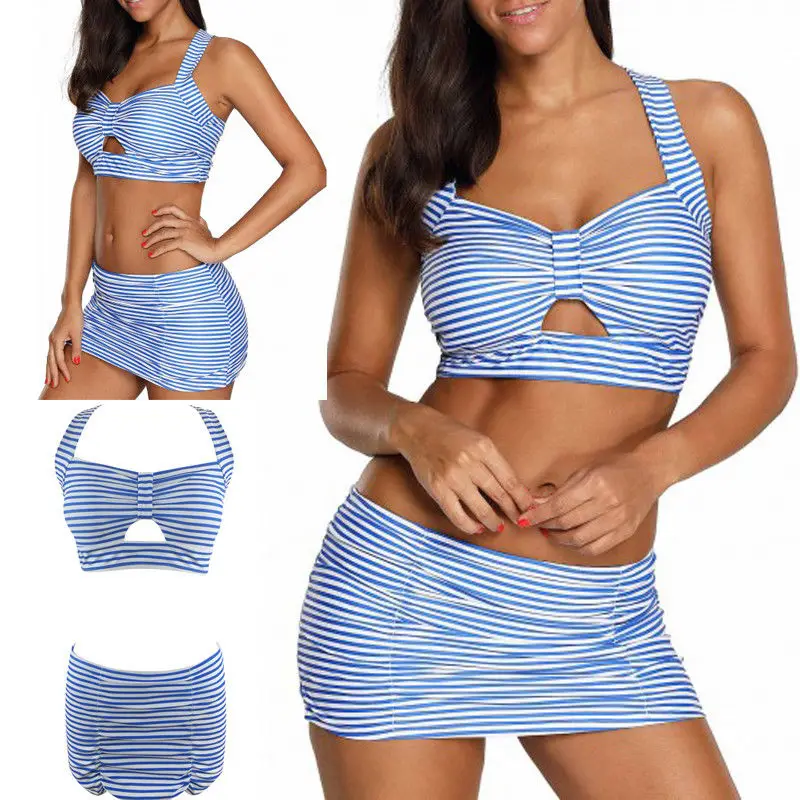 

Padded Bra Striped Bikini Set Swimsuit Women Bandage Push-up Triangle Skirt Swimwear Bathing Suit
