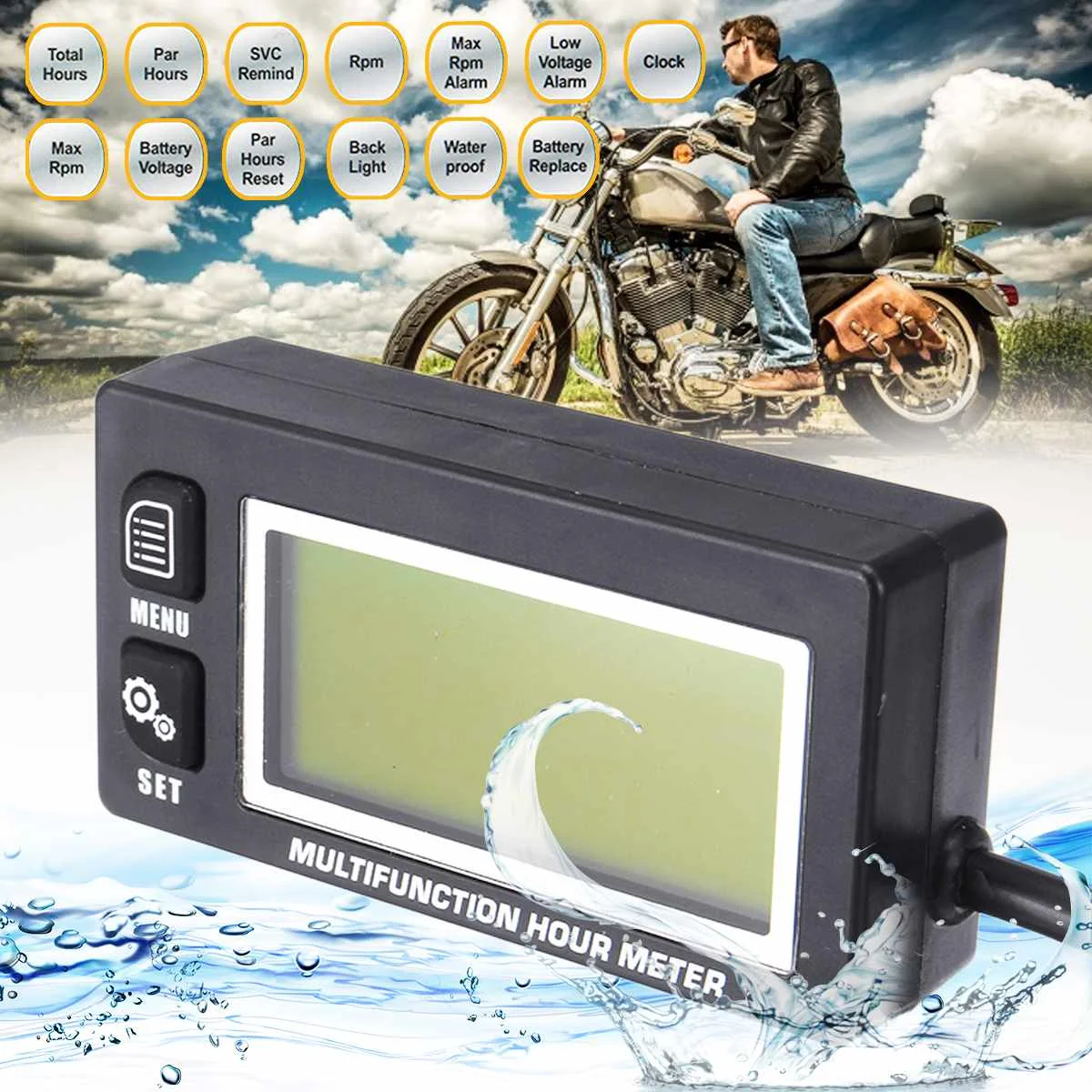 

Waterproof Motorcycle Tachometer Marine Boat ATV Motorcycle Backlit Multinational LCD Digital Tachometer Voltmeter Hour Meter