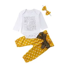

3Pcs Newborn Baby Cotton Long-Sleeved O-Neck Onesie+ Polka Dot Bow Headband + Pants Fashion New Cute Baby Girl Costume 0-24M