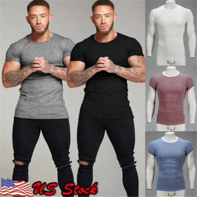 

Hirigin 2019 Mens Casual Solid cotton T-Shirt Athletic Clothes Round Neck basic Muscle Fitness Tee 5 colors