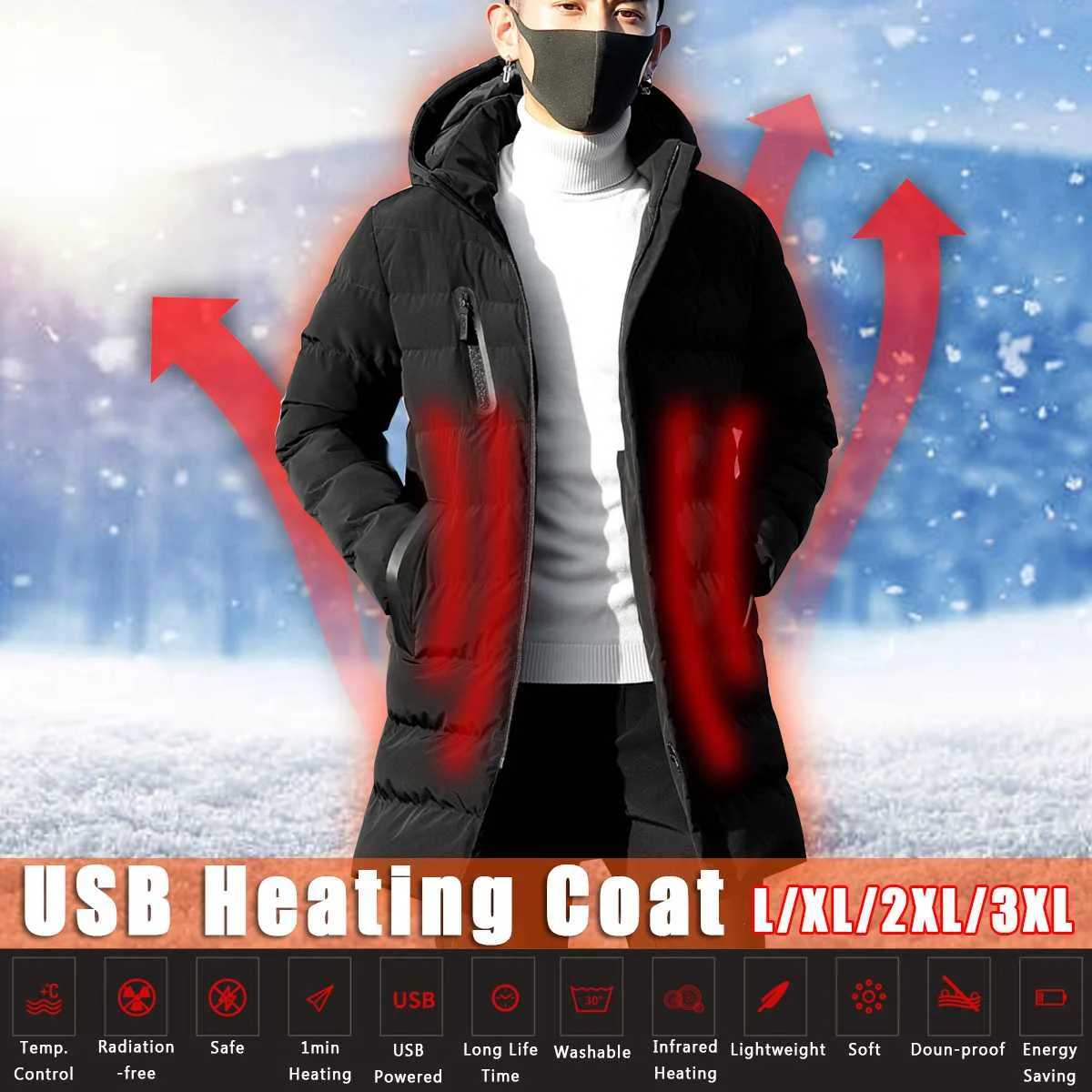 

Smart Thermostatic Electric Heating Long Windproof Jacket Overcoat Heater Cotton Men Hiking Coats Winter Warm Heating Jackets