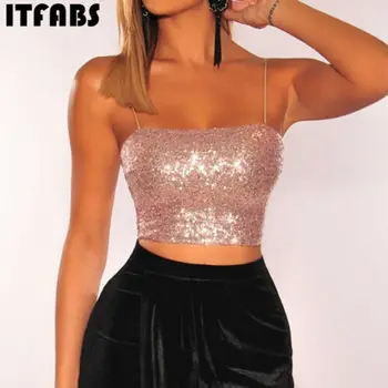 

XS-XL Sexy Women's Sleeveless Solid Shine Casual Fashion Sequin Crop Top Tube Tank Top Ladies Blouse Shirt Haut Femme