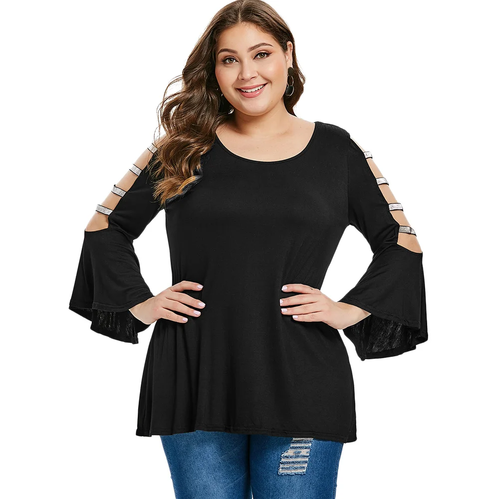 

ROSE GAL Plus Size Sequin Belt Bell Sleeve T-Shirt Cold Shoulder Three Quarter Sleeve Tee Top Ruffle Sexy Tshirt Long Tunic
