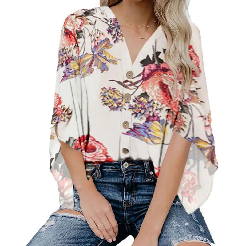 

Women's casual shirt shirt loose trumpet sleeves bat sleeves V-neck button decorative floral print