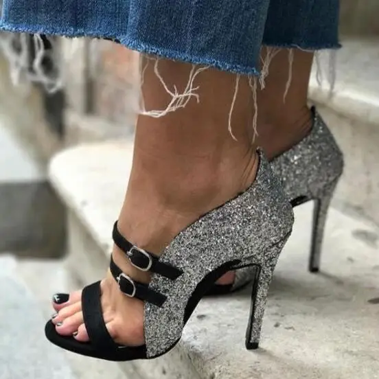 

Moraima Snc Black and Silver Glitter Shoes Buckles Stiletto Heels Sandals Open Toe High Heel Shoes Woman Summer Sandals