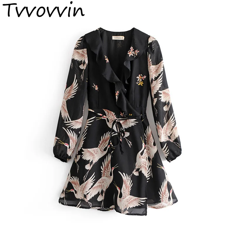 

TVVOVVIN 2019 Printing New Pattern Spring Ball Gown Empire Knee-length Lantern Sleeve Turn-down Collar Chiffon Women Clothes Q89