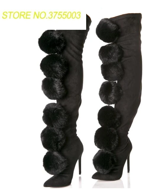 

2018 Spring Fashion Women Pom Pom Over The Knee Boots Stretch Suede Leather Boots Sexy Pointy Toe Slip On Ladies High Heel Boots
