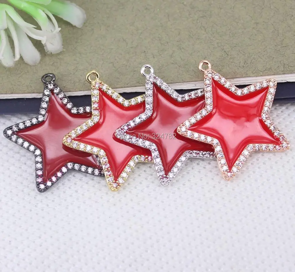 10pcs Red Enamel Star Pendant Beads Paved Micro Pave CZ For Jewelry Necklace Making
