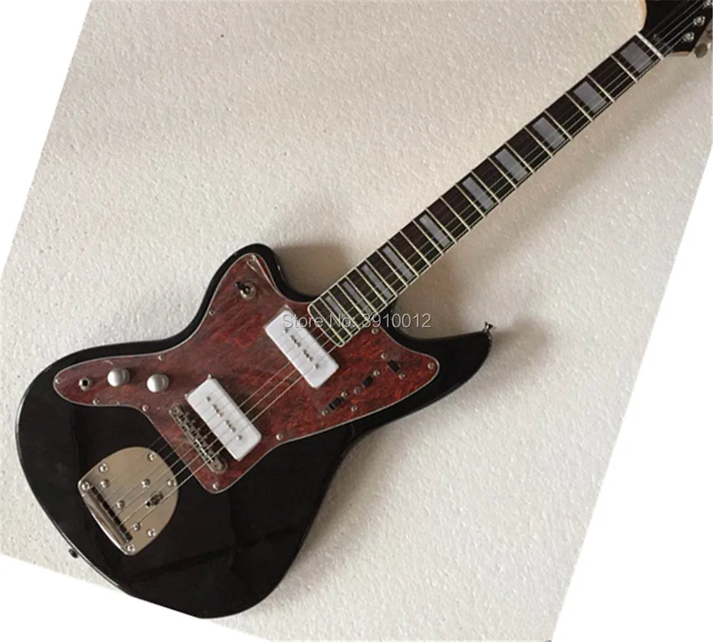 

Factory Customized Left Handed Black Electric Guitar with Reverse Headstock,White P90 Red Pickguard,Rosewood Fretboard