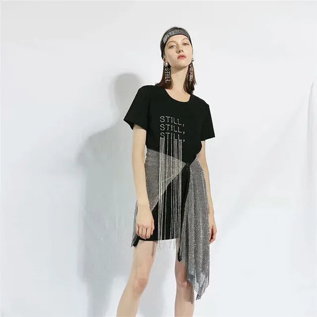 DEAT новая весенняя и летняя модная женская одежда с круглым вырезом с короткими рукавами футболка с буквенным принтом вышивка заклепки юбка с бахромой