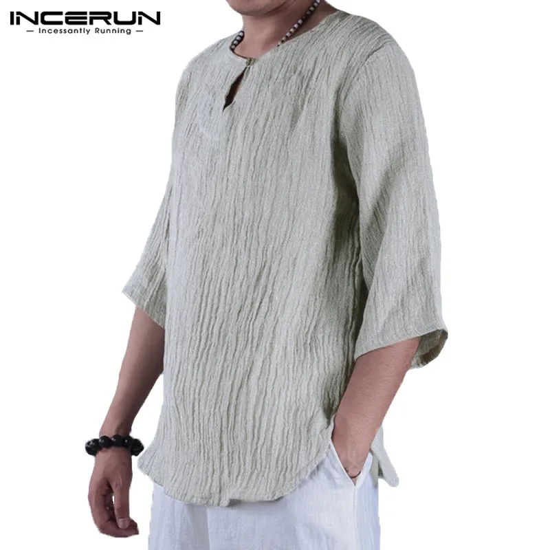  INCERUN 2019 Vintage Men T Shirt 3/4 Sleeve Chinese Style Cotton Male Tee Tops Solid O Neck Leisure