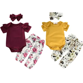 

2019 Hot Sale 3PCS Summer Toddler Baby Girls Floral Print Bodysuits Top Pants Headband Ruffles Outfits Baby Cotton Soft Clothes