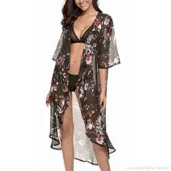 Женское бикини с цветочным принтом, рукав 3/4, v-образный вырез, летняя пляжная одежда, повседневная верхняя одежда