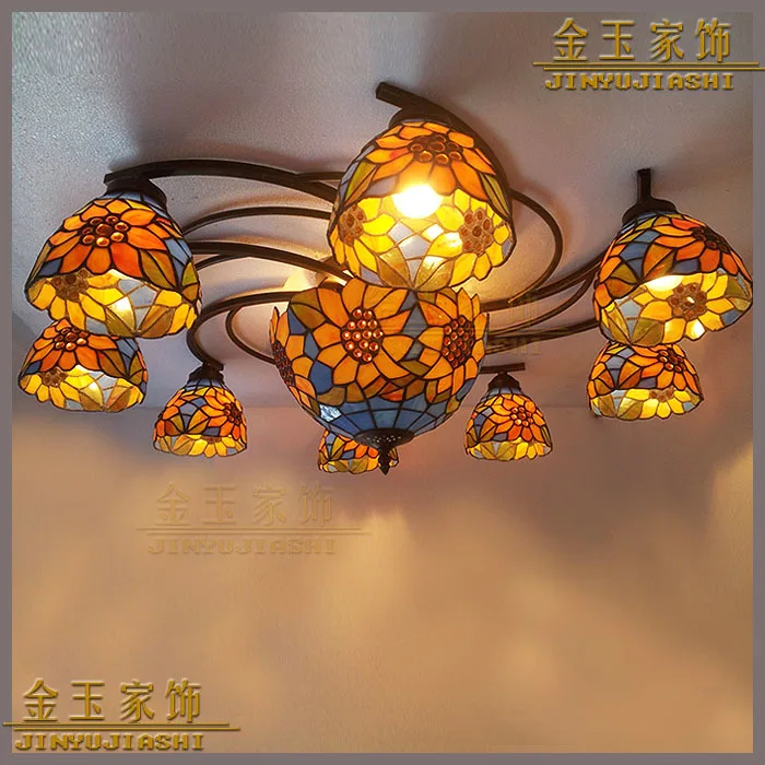 

European Style Sunflower Stained Glass Tiffany Ceiling Lighting Bedroom 9 Large Living Room Bedroom Dining Room Lighting
