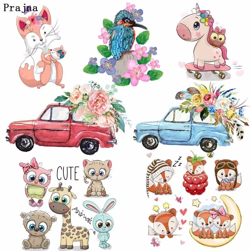 

Prajna Cute Cartoon Fox Heat Transfer Printing Iron On Owl Flower Car Transfer For Clothing Colorful Animals Accessory Patch H