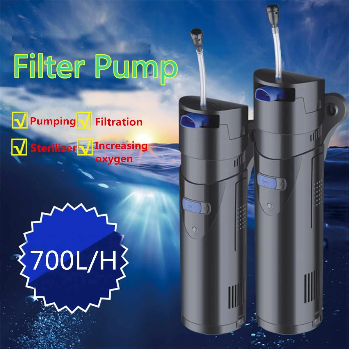 

700L/H 4 in 1 Multi-function Aquarium Filter Air Pump 3W UV Ultraviolet Germicidal lamp Water Fish Tank Pond Sterilizing Light