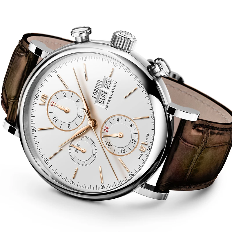 Switzerland LOBINNI мужские часы люксовый бренд вечный календарь Авто Механические Мужские часы Сапфировая кожа relogio L13019-3