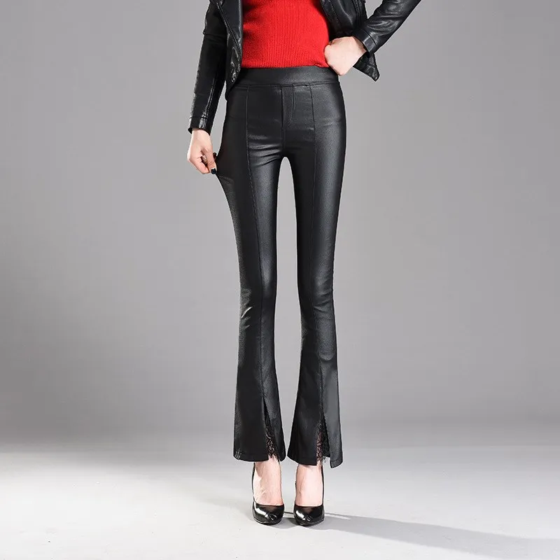 Autumn Winter Women Warm Velvet Pu Leather Mid Pants Elastic Stretch Sexy Lace Skinny Faux Leather Tight Flare Pants Autumn Winter Women Warm Velvet Pu Leather Mid Pants Elastic Stretch Sexy Lace Skinny Faux Leather Tight Flare Pants