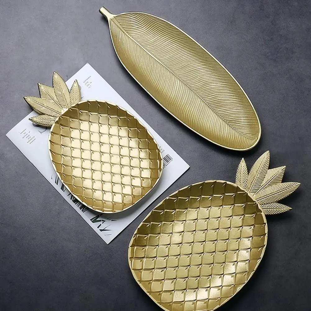 

Simple Nordic Style Wooden Golden Tray Pineapple Leaf Shape Snack Fruit Bowl Wooden Storage Tray