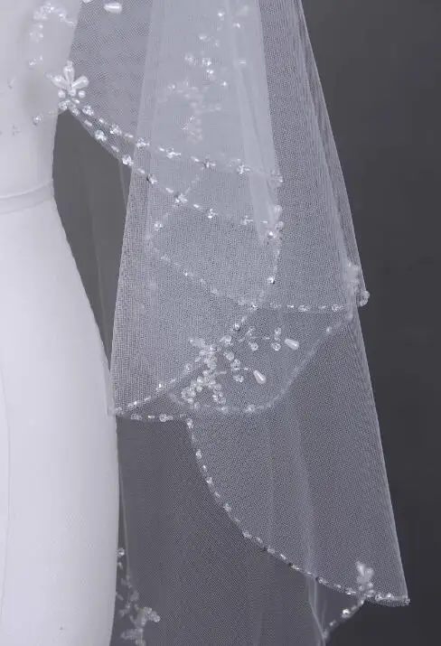 2-layer high-end beaded bridal veil white ivory veil wrist length veil and comb