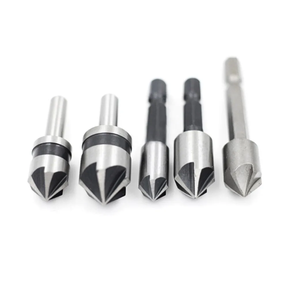 

2/3/5pcs Hss 5 Flute Countersink Drill Bit Set 1/4" Hex Shank Woodworking Drill Bits Metal Chamfer Chamfering Cutter Power Tool