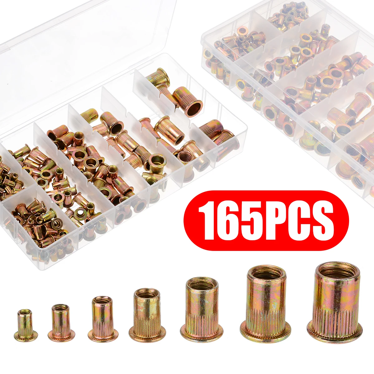 

Multi Size 165pcs Carbon Steel Rivet Nut Kit Mixed Zinc Steel Rivnut Insert Nutsert Threaded M3/M4/M5/M6/M8/M10