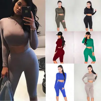 

2018 Fashion Two-piece Women Crop Top Blouse + Pants Playsuit Jumpsuit Romper Set Sexy Solid Bodycon Long Sleeve Party Clothing