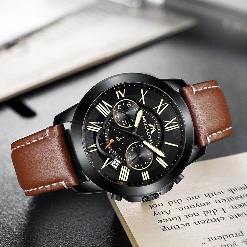 

MEGALITH Top Brand Luxury Mens Sport Watch Genuine Leather Strap Quartz Watches Army Military Wristwatch For Male Gift Clock