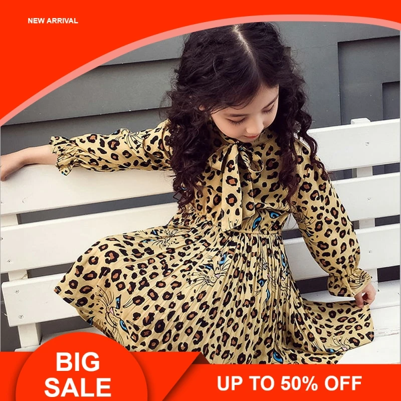 

Girl Dress 2019 Spring Cartoon Casual Full Sleeves Leopard Print Kids Children Girls Princess Dress Pink Yellow Blue