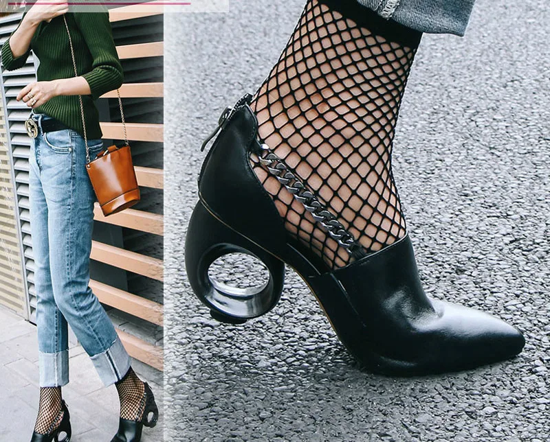 

Carole Levy 2019 Circle Hollow Special Strange Heels Pointed Toe Woman Summer Shoes Chain Decor Fashion Sexy Lady Party Sandals