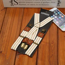 Новые мужские эластичные ремни Новые Бежевые полосы Четыре зажимы Висячие брюки с модными дикими