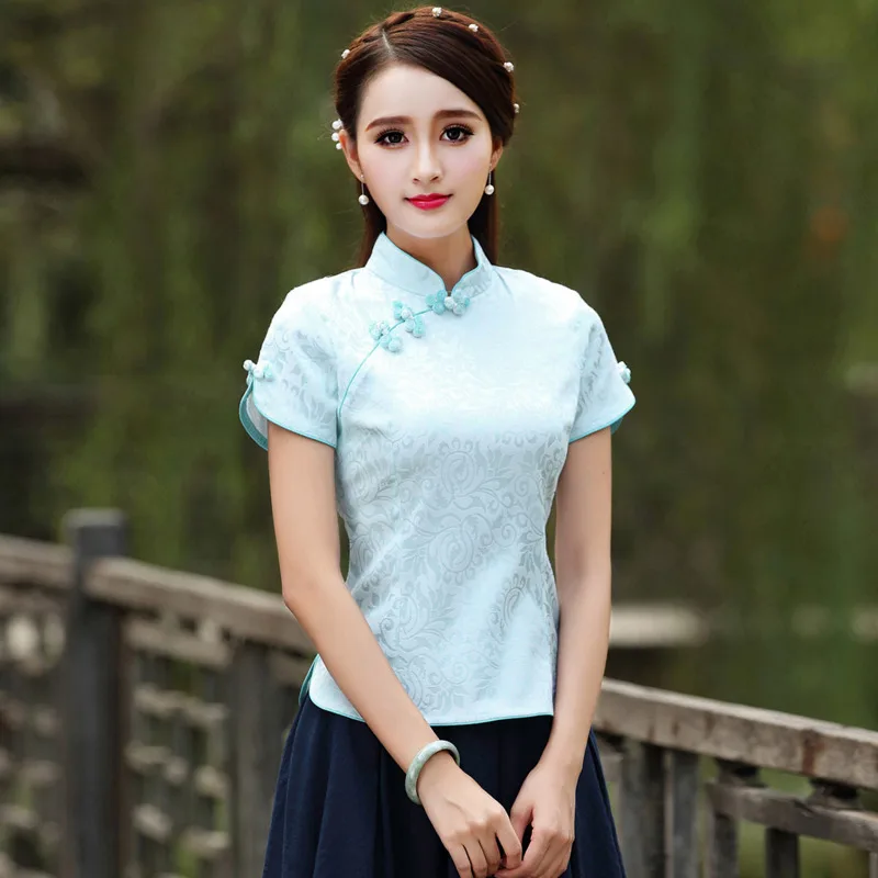 Sheng Coco, китайская одежда, топы, традиционный стиль, Cheongsam, топы, Qipao, летние, короткие, жаккардовый, хлопок, Тан, костюм, Vetement, рубашка