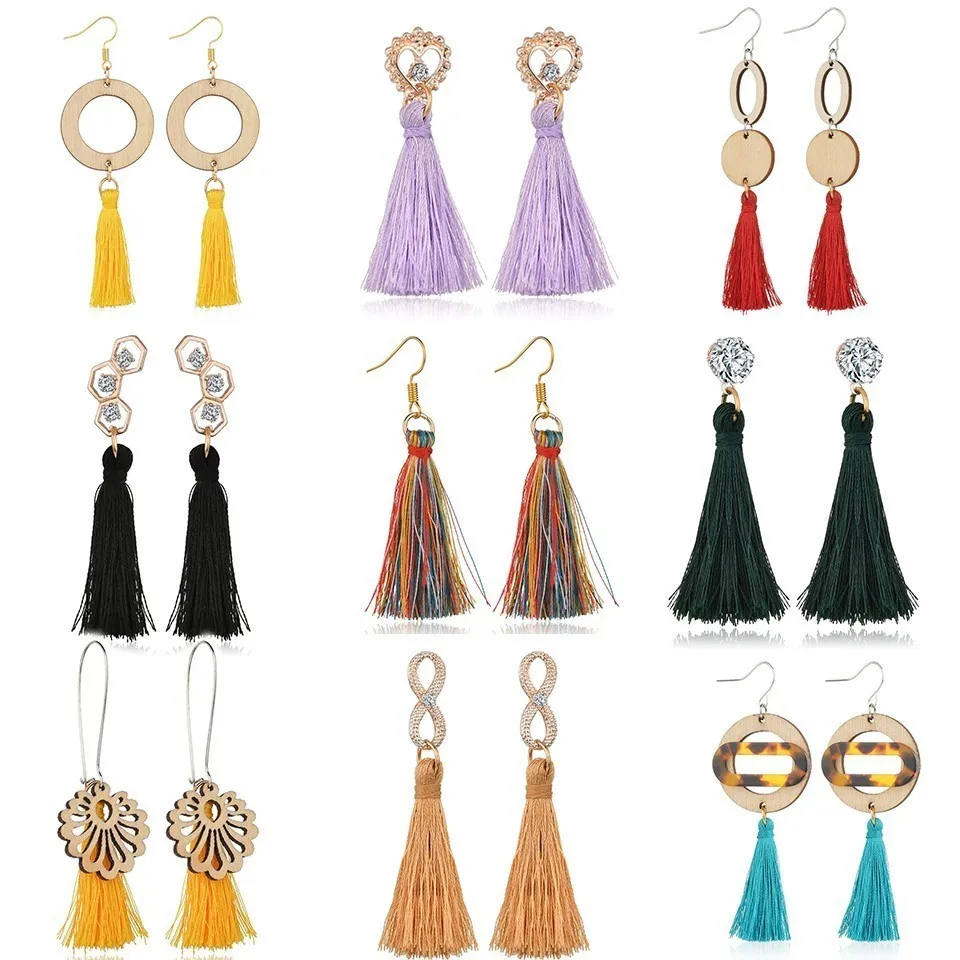 

Long Tassel Drop Dangle Earrings Vintage Earring For Women Bohemia White Green Purple Silk Fabric Earings Ethnic Jewelry