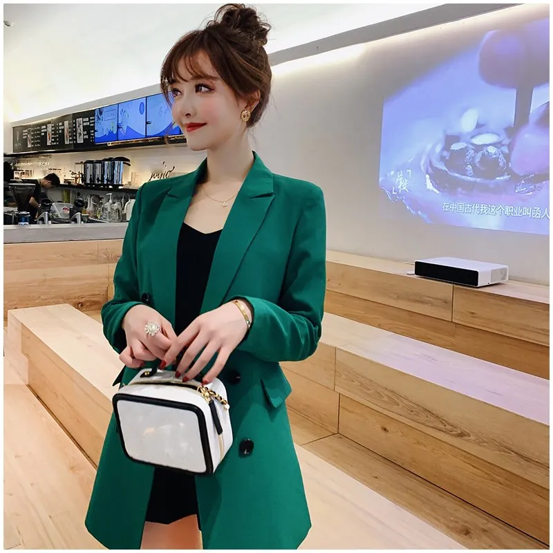 Double Breasted Spring Workwear Office Long Blazer Button Women Jacket Black Slim Outerwear